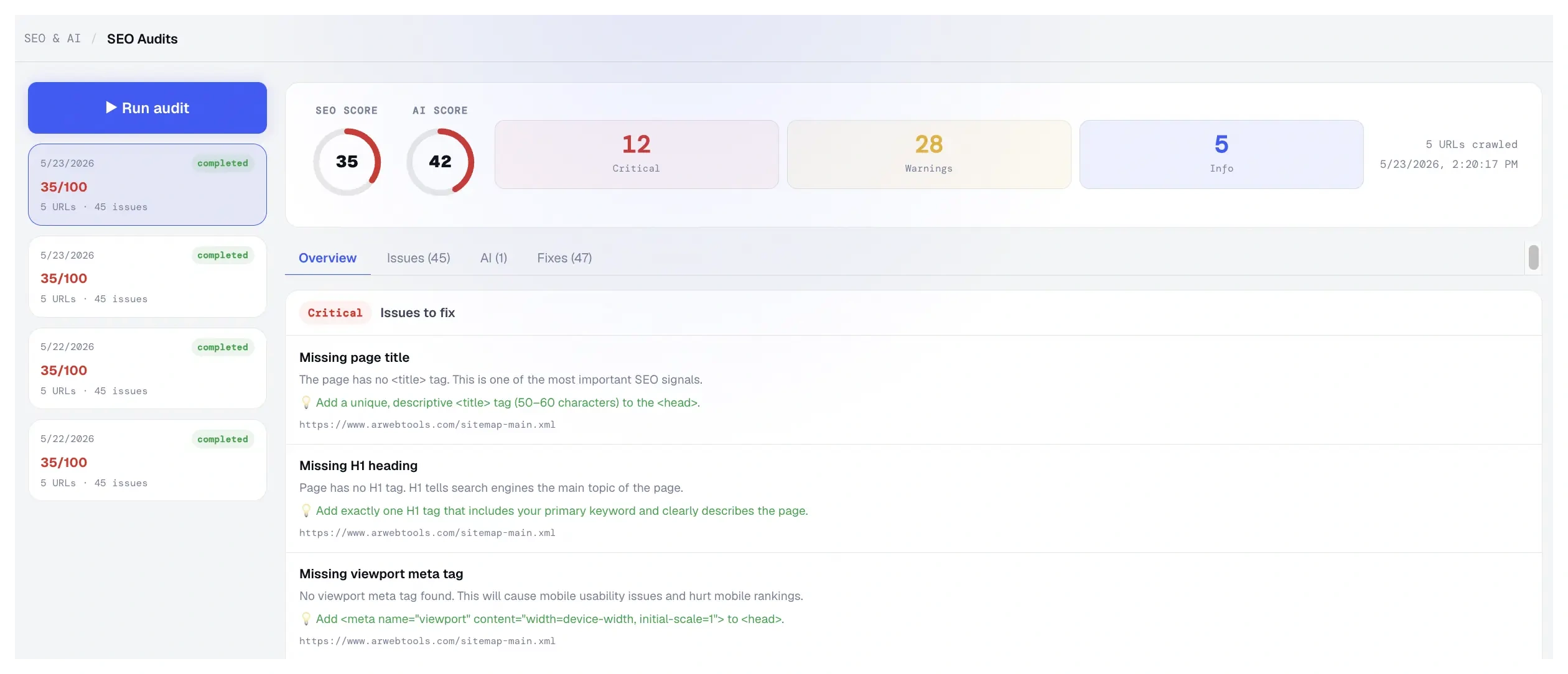 SEOVentra SEO Audits — critical issues, warnings, and AI fix suggestions